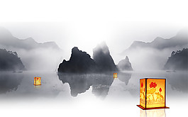 中国风橘黄色孔明灯水墨山水装饰元素