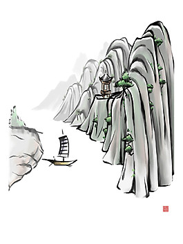 中国风峡谷水墨山水装饰元素