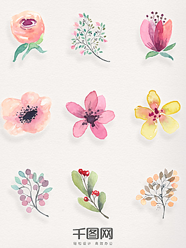 水彩粉色花朵卡通装饰素材透明
