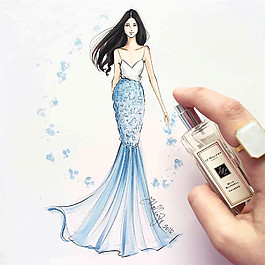手绘吊带美人鱼礼服效果图