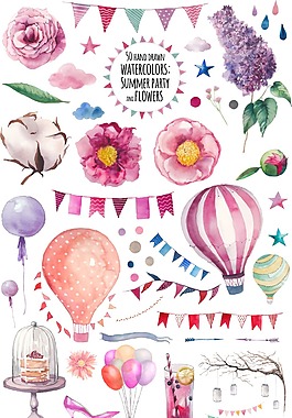 卡通水彩绘花朵植物元素