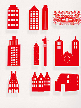 一组红色剪纸建筑元素设计