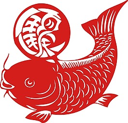 红色中国剪纸鲤鱼png元素