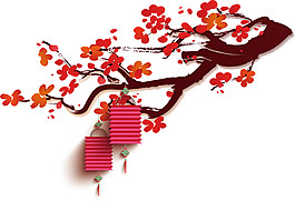清新红色灯笼梅花节日元素