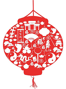 红色清新剪纸灯笼节日元素