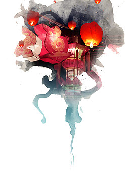 中式古雅风格橙色灯笼节日元素