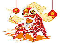 中式新年舞狮灯笼素材
