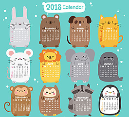2018年可爱动物年历矢量素材
