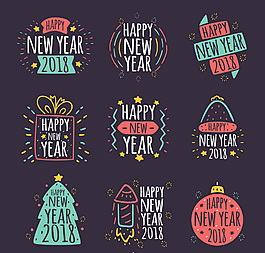 9款彩绘新年快乐艺术字矢量图