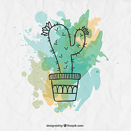 水彩开花仙人掌矢量背景图