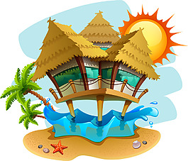 卡通时尚夏天沙滩建筑插画