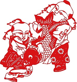 中式新年娃娃抱鱼窗花剪纸PNG元素