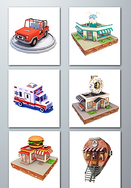 卡通建筑场景三维模型立体元素设计