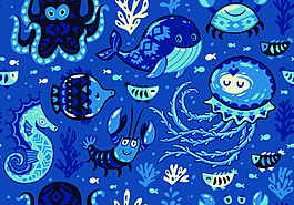 时尚蓝色卡通海洋动物