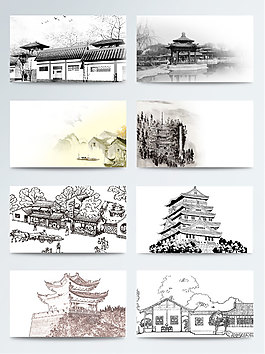 古风水墨建筑素材PSD