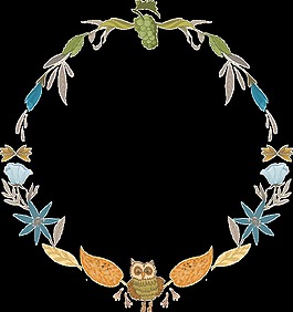 清新猫头鹰手绘花环装饰元素