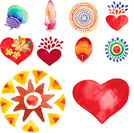 时尚水彩绘爱心和花朵插画