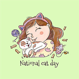 手绘可爱女孩猫咪插画