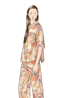 简约橙色花纹套装女装效果图