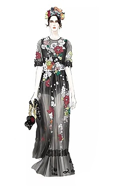 仙女风格黑色花朵长裙女装效果图