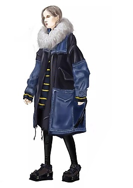 简约蓝黑色棉服女装效果图