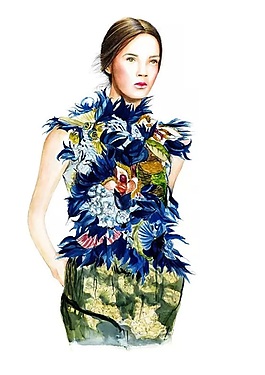 民国风蓝色花纹无袖上衣女装效果图