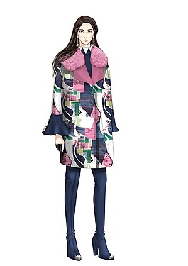 时尚粉色毛领大衣女装效果图