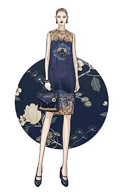 中国风蓝色无袖连衣裙女装效果图