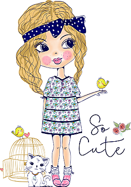 时尚手绘卡通小女生插画