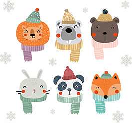冬日卡通戴围巾的动物图案
