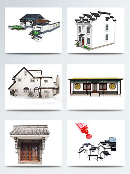手绘徽派建筑图案元素
