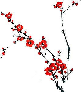 卡通红色梅花树枝png元素