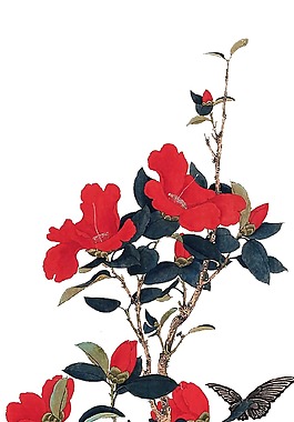 卡通红色花朵树枝png元素