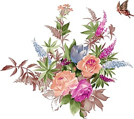 卡通红色鲜花蝴蝶png元素