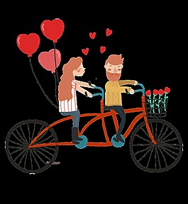 手绘卡通情侣双人自行车装饰素材