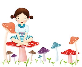 卡通坐在蘑菇上女孩png元素