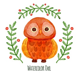 水彩绘可爱橙色猫头鹰矢量图