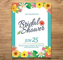 彩色花卉新娘送礼会邀请卡矢量图