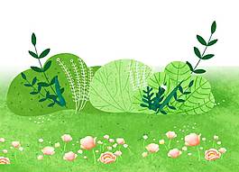 卡通绿色草坪粉色花朵叶子png元素