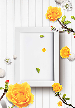 白色相框黄色玫瑰背景海报