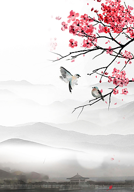 大气桃花喜鹊山脉国画背景素材海报