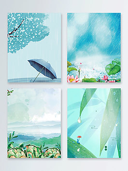 清新雨纷纷绿色荷叶平面广告背景