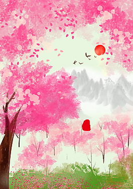 桃花林变换视频素材樱花海报背景素材风景木桥围栏背景唯美梦幻桃花林