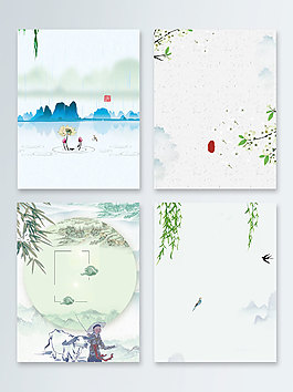 中国风水墨牧童柳叶清明节荷花传统广告背景