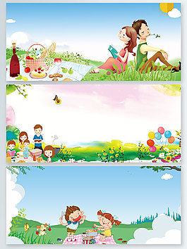 春天户外野餐绿植卡通展板背景
