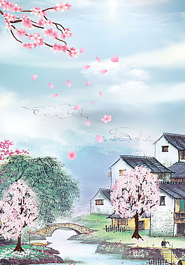 彩绘唯美桃花乡村海报背景设计