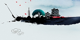 古风南昌古建筑旅游海报背景设计