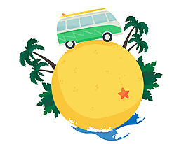 手绘卡通绿色椰子树公共汽车矢量元素