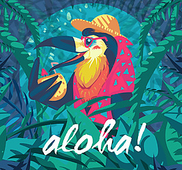 卡通喝椰汁的夏威夷鸟矢量素材