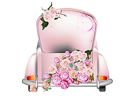 卡通浪漫紫色汽车后门放满玫瑰花矢量元素